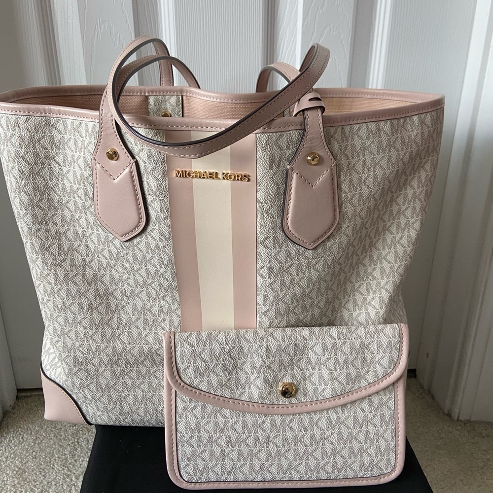 Michael Kors Pink & Cream Signature Tote with Matching Pouch